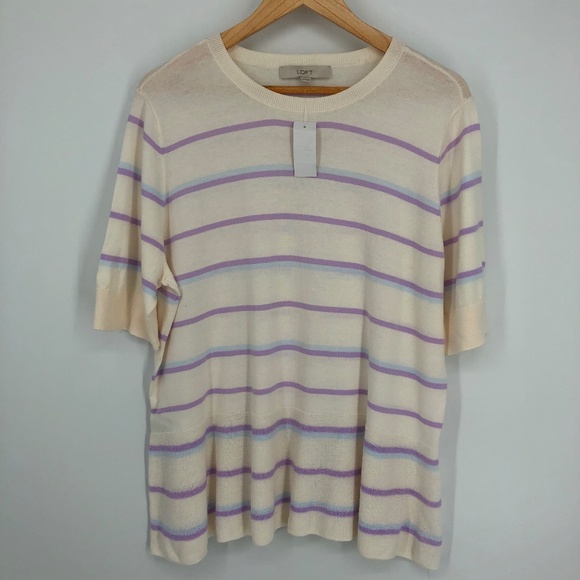 Loft Womens Sweater Top Size XXL White Cream Stripe Short Sleeve Soft Knit NEW - Picture 1 of 11